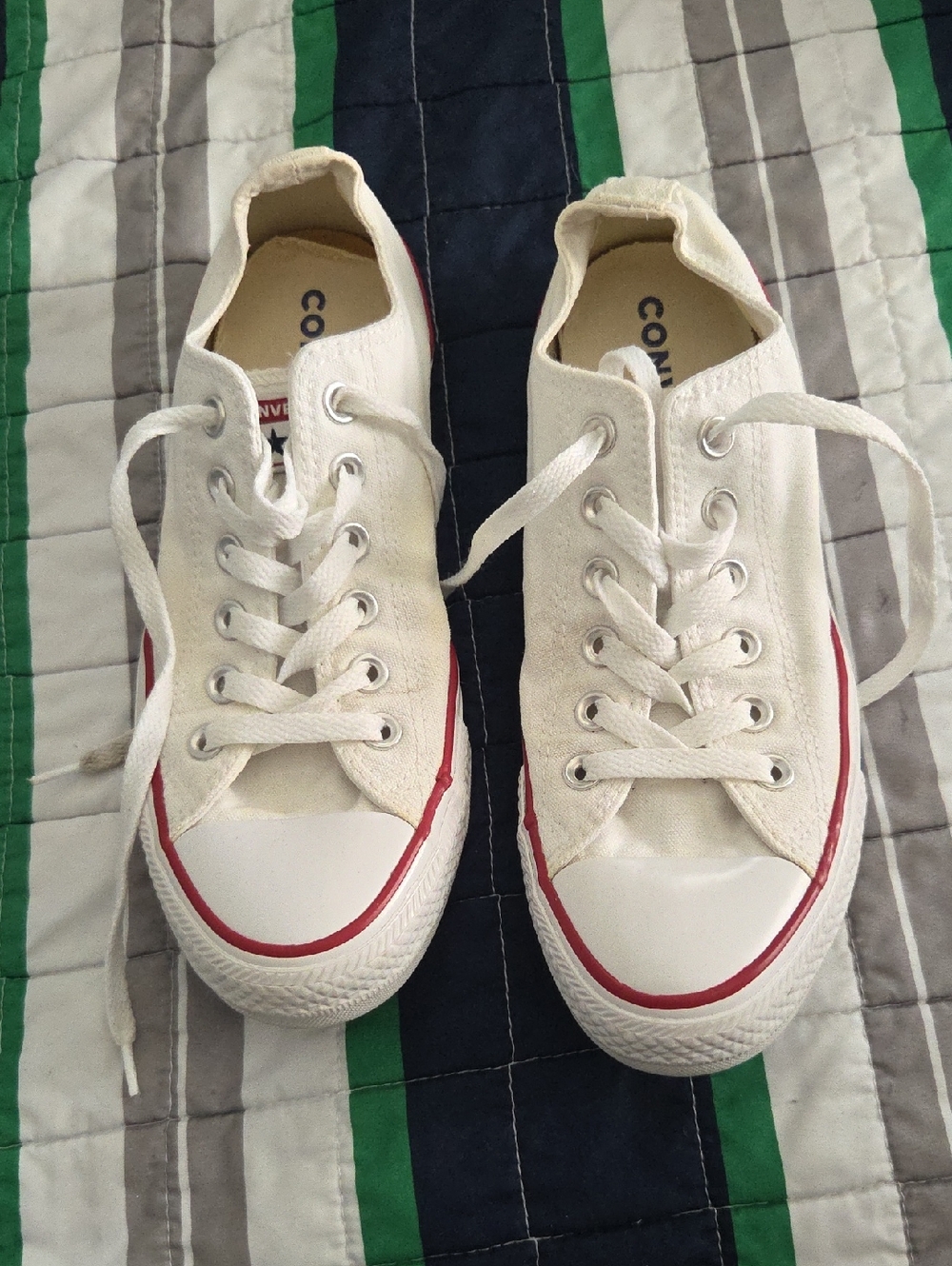 Converse White Canvas Low-Top Sneakers with Red Stripe